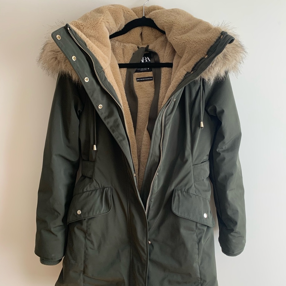 Zara, Faux Fur Hooded Parka, Hunter Green, M